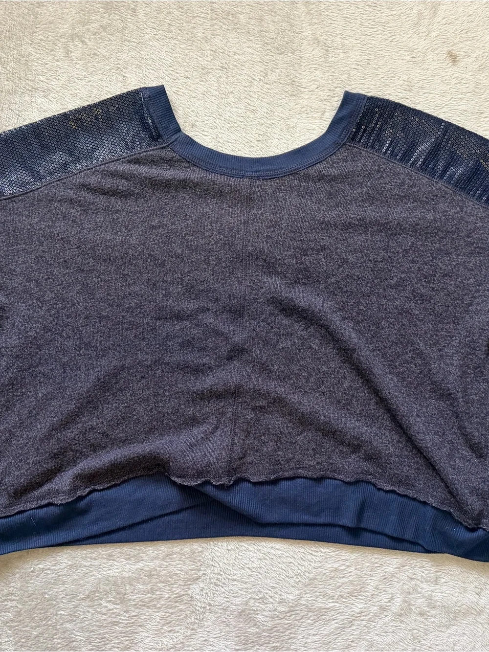 Free People Navy Textured Sequin-Shoulder Pullover
